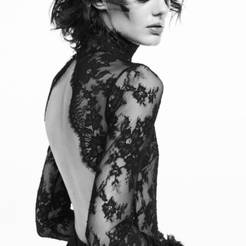 ZARA Floral Eyelash Black Lace Open Back Mock Neck Bodysuit